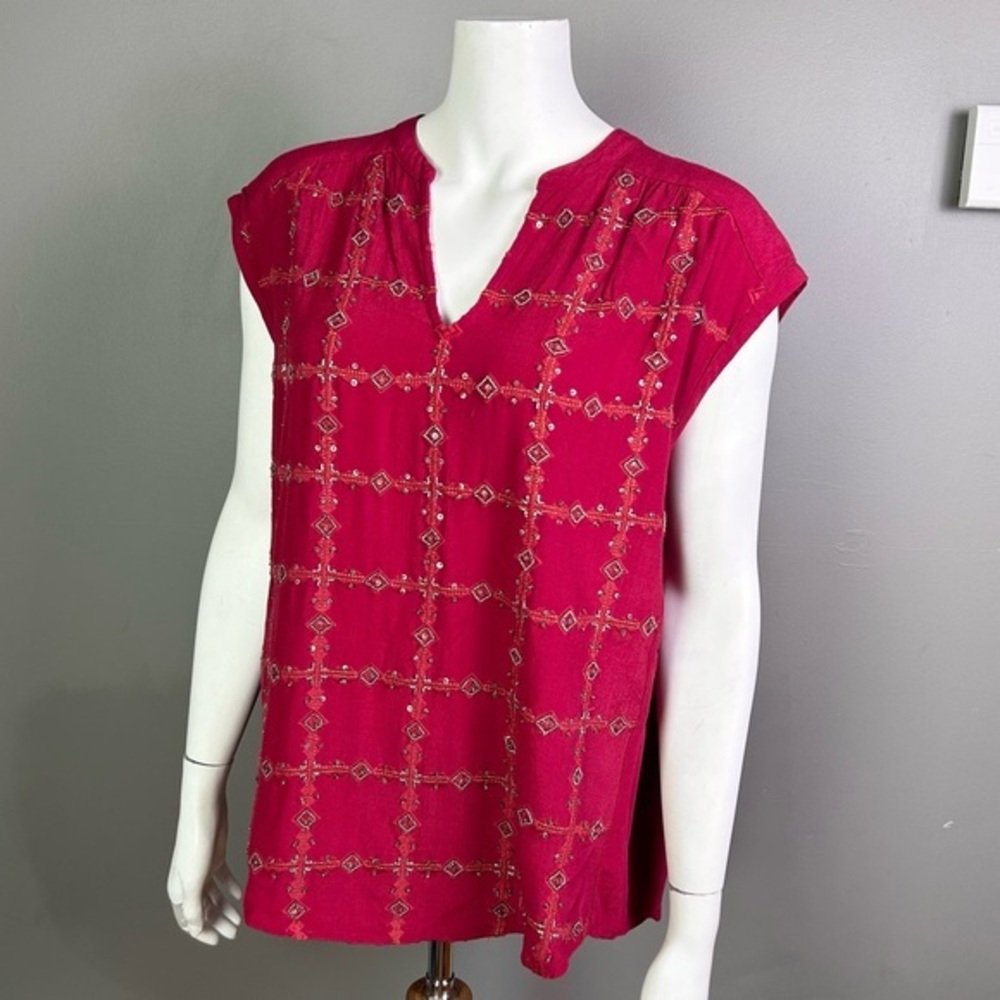 Lucky brand top large NWT beaded red southwestern sleeveless‎ western cherry red